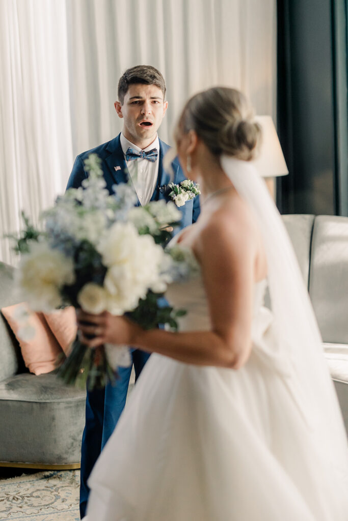 Wedding First Look - Groom sees bride at first look.