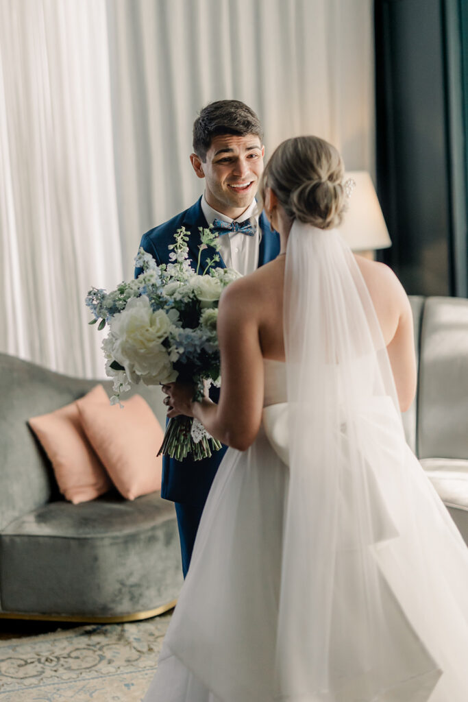 Wedding First Look - Groom sees bride at first look.