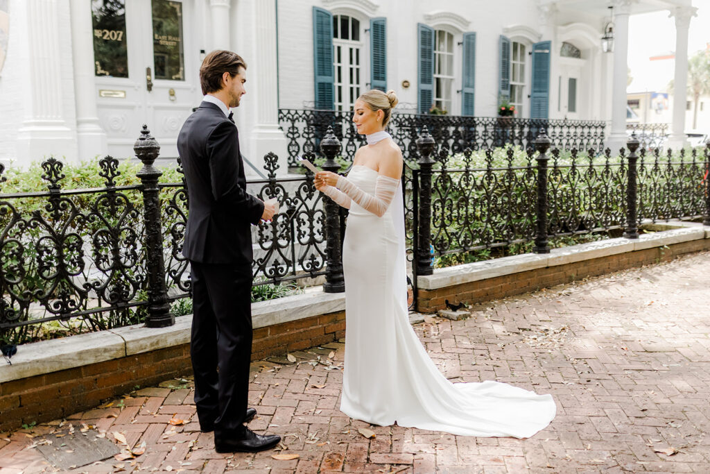 Wedding First Look - Bride and groom share personal vows during first look.