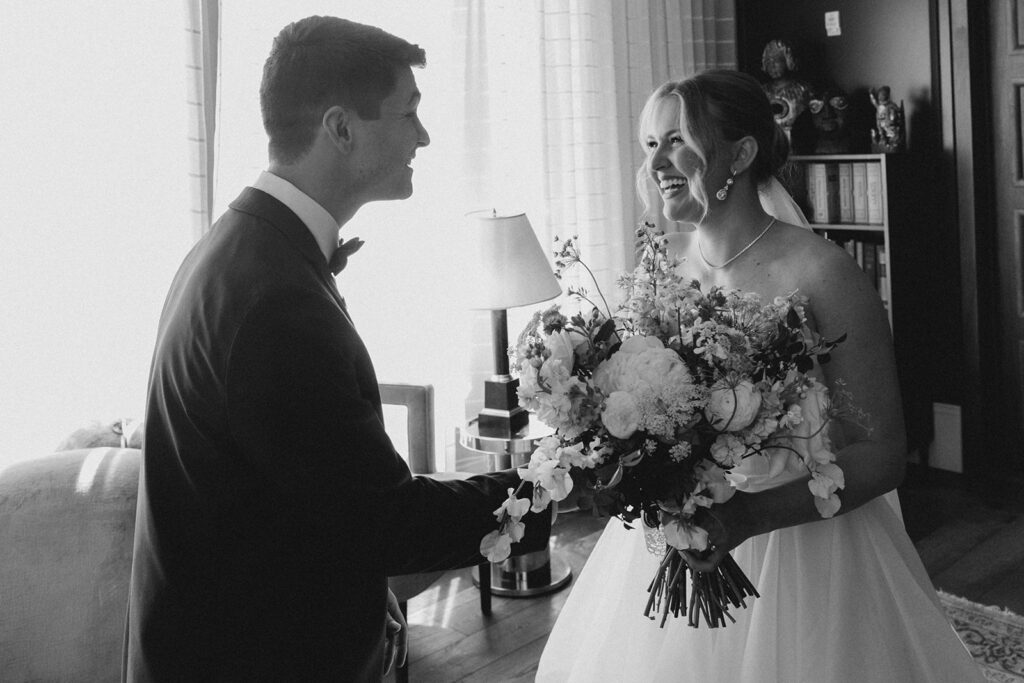 Wedding First Look - Groom sees bride at first look.