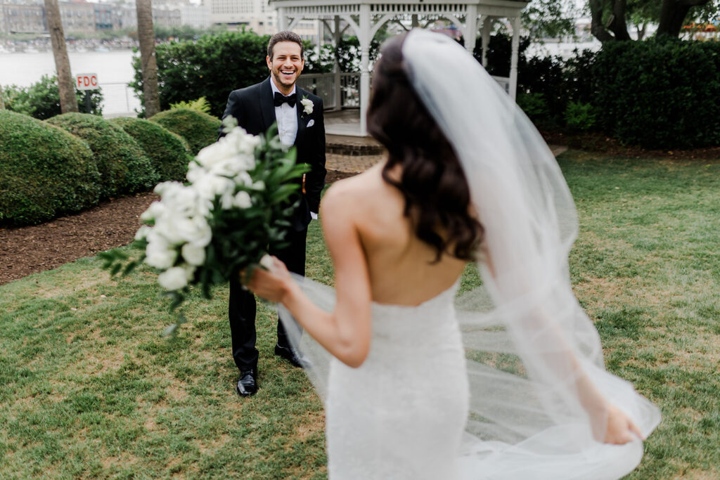 Wedding First Look - Groom sees bride at first look.