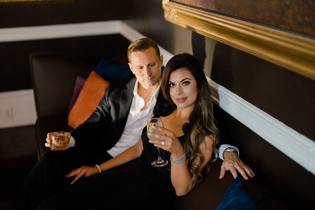Bride and groom in formal engagement photo outfits in Savannah.
