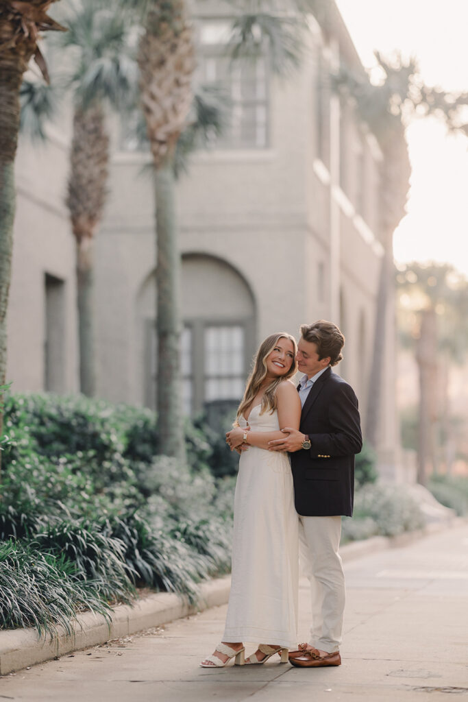 Bride and groom in neutral colored engagement photo outfits in Savannah.