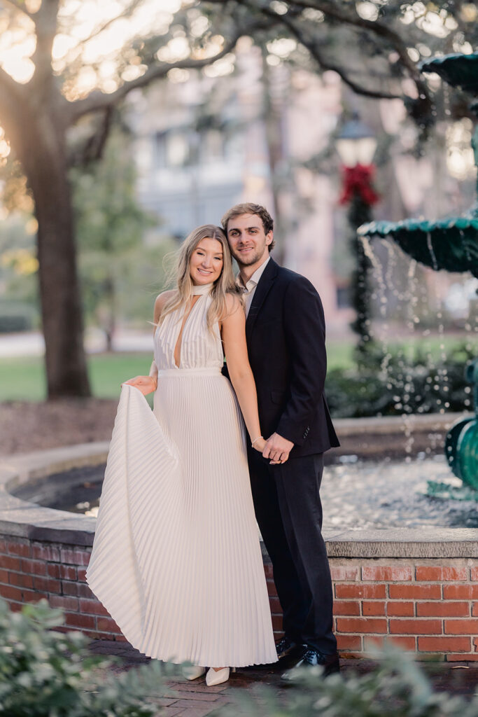 Bride and groom in neutral colored engagement photo outfits in Savannah.