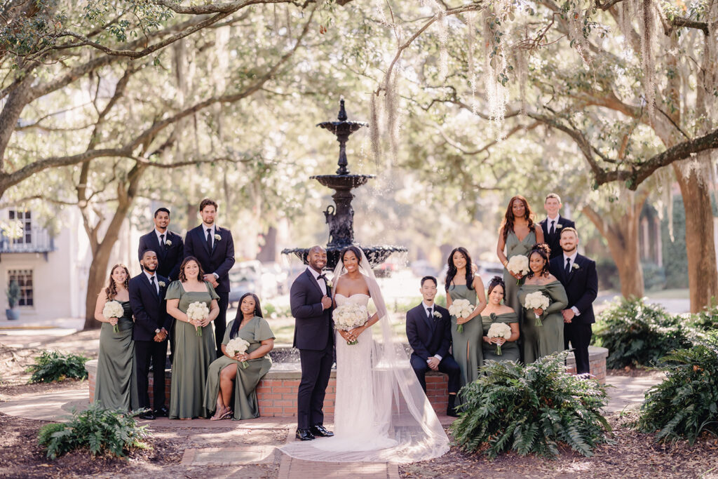 Bridal party photo at Lafayette Square in Savannah.