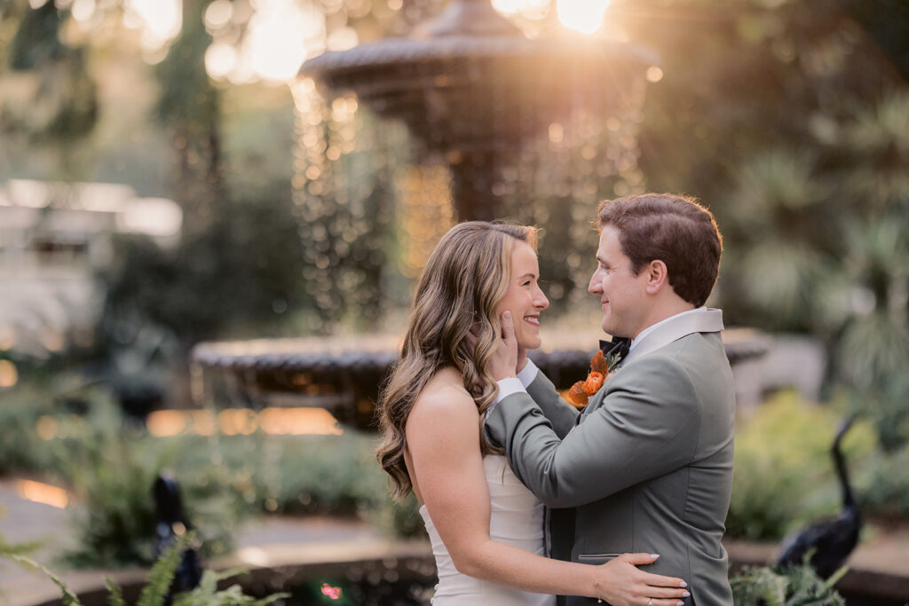 Wedding First Look - Romantic bride and groom photo at sunset. 