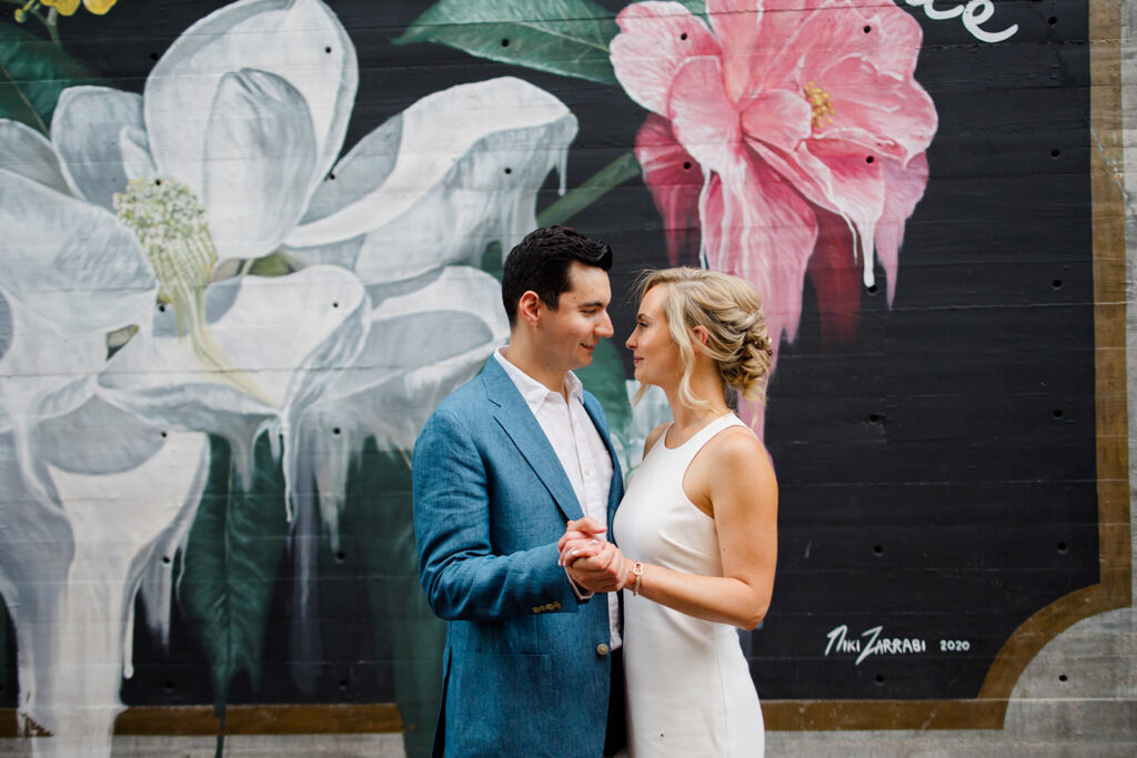 Bride and groom in neutral colored engagement photo outfits in Savannah.