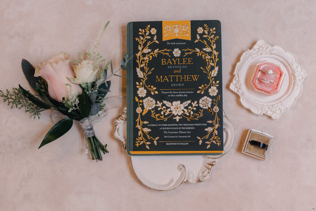 Fall wedding inspiration is found in wedding invitations and florals.