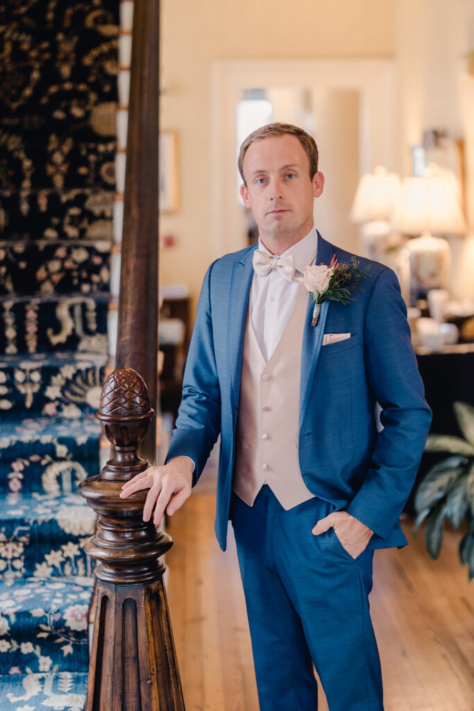 Portrait of groom at Gastonian Inn, Savannah, GA. 