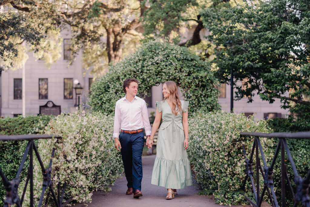 Bride and groom in neutral colored engagement photo outfits in Savannah.