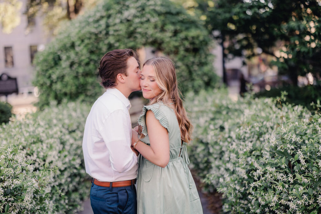 Bride and groom in neutral colored engagement photo outfits in Savannah.
