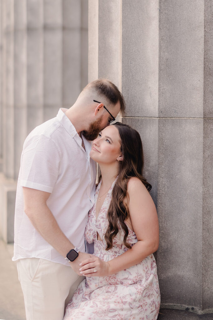Bride and groom in neutral colored engagement photo outfits in Savannah.