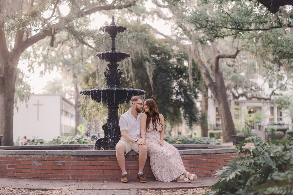 Bride and groom in pastel colored engagement photo outfits in Savannah.