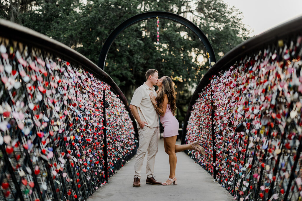 Bride and groom in neutral colored engagement photo outfits in Savannah.