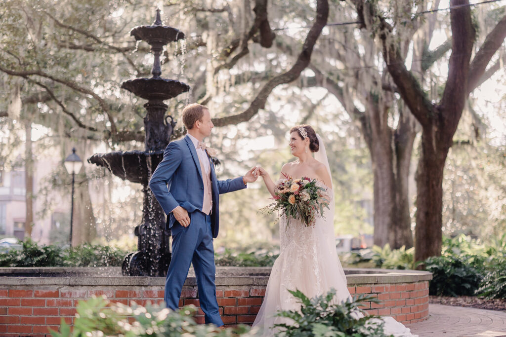 Bride and groom portraits in Lafayette Square, Savannah.