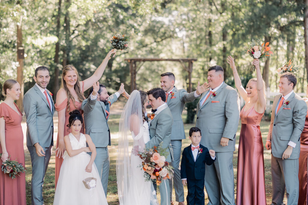 Fall wedding inspiration with seasonal flowers and wedding party photos.