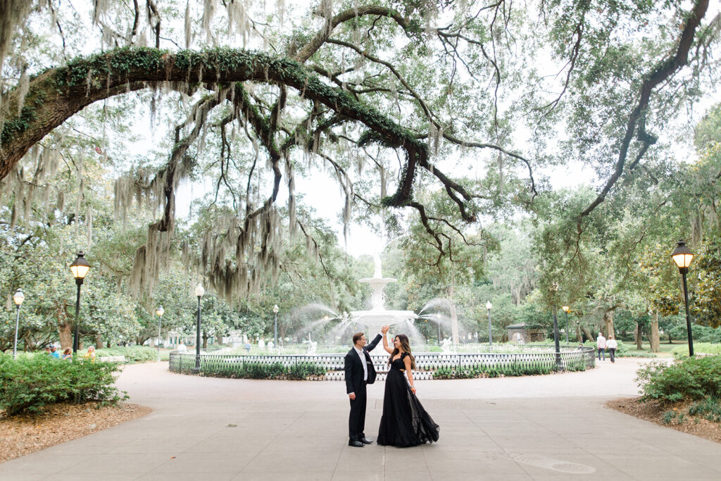 Bride and groom in formal engagement photo outfits in Savannah.