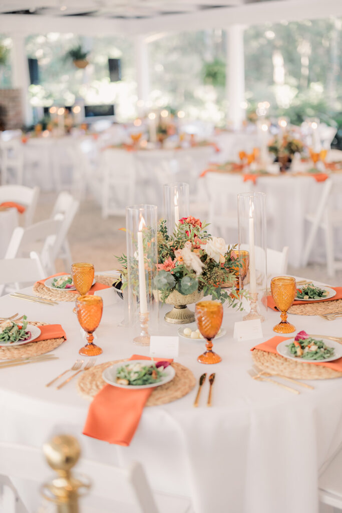 Fall wedding inspiration with rust orange tableware at Savannah wedding.
