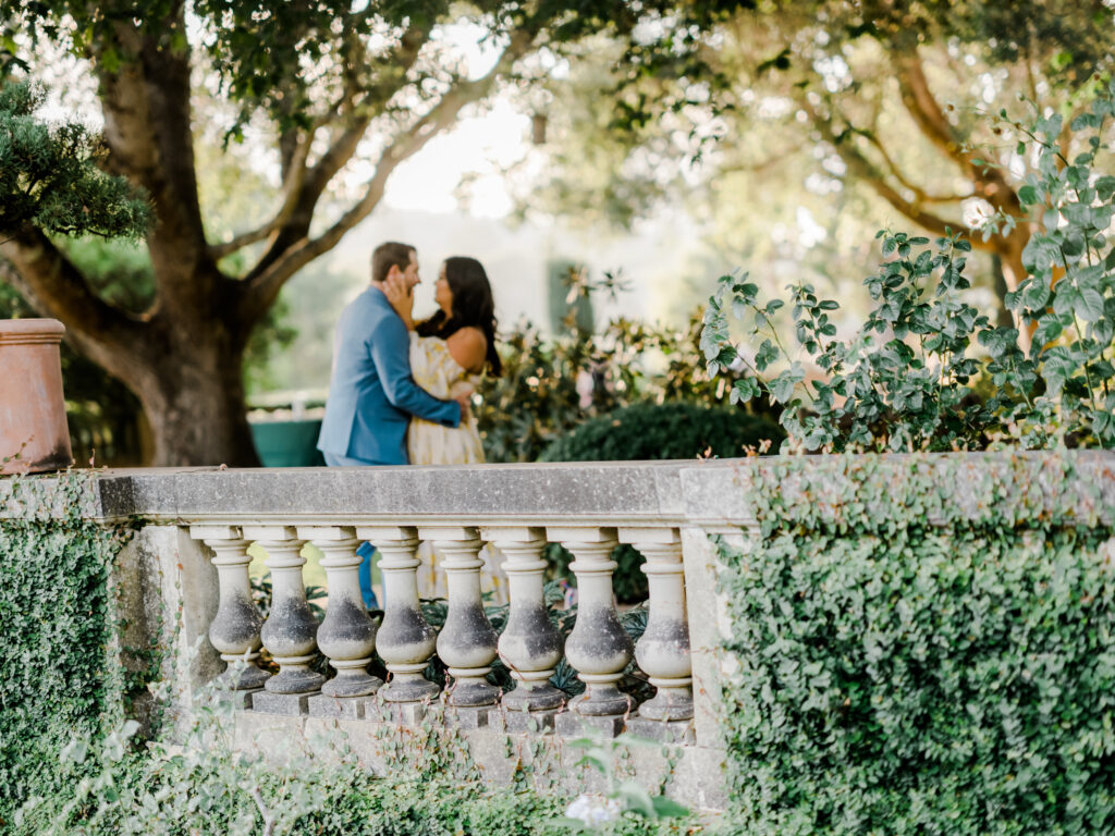 Bride and groom in pastel colored engagement photo outfits in San Francisco.