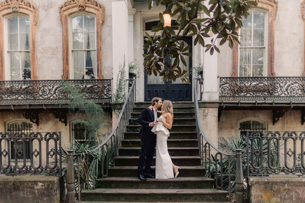 Bride and groom in formal engagement photo outfits in Savannah.