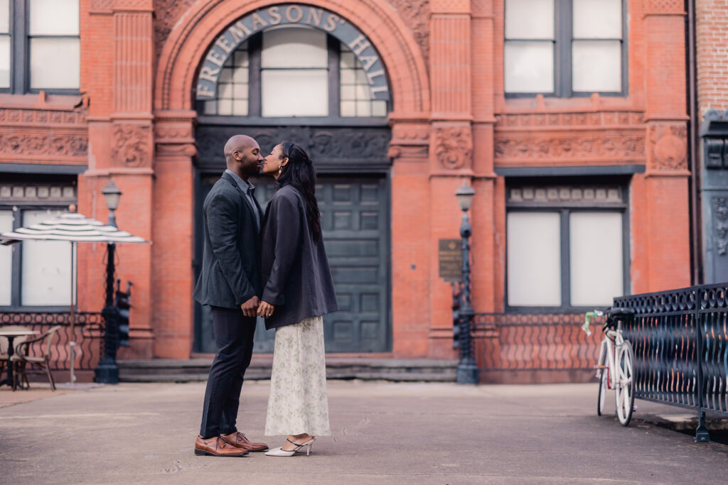 Bride and groom in structured, and neutral engagement photo outfits in Savannah.