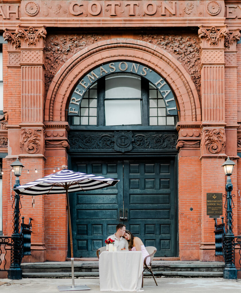 Couple photo at Cotton Exchange in Savannah.