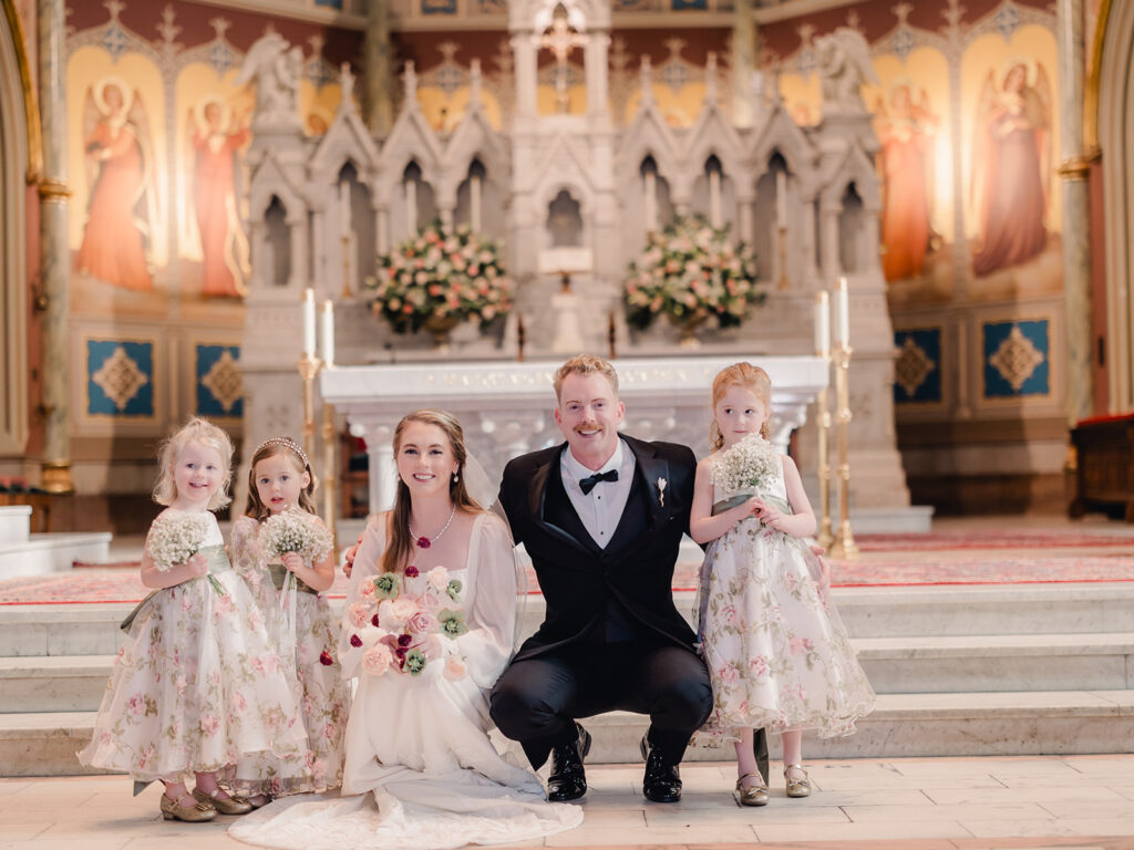 Bride & Groom with Flower Girls - Luxury Savannah Cathedral Wedding - Esther Griffin Photography