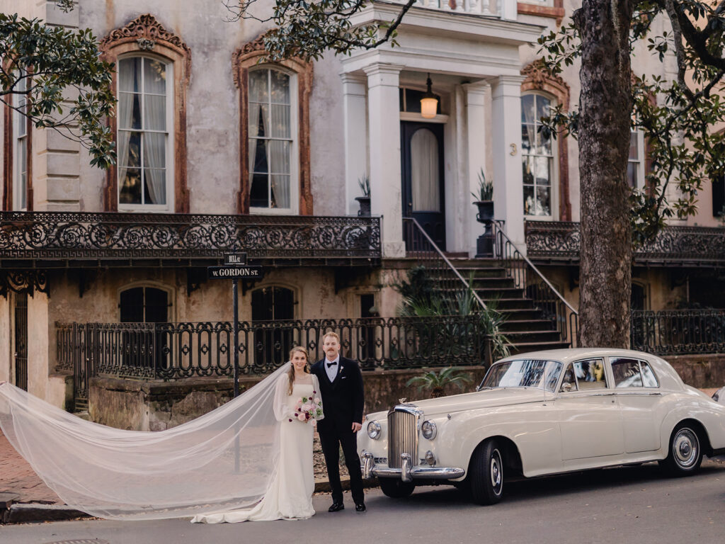 Luxury Savannah Wedding - Bride & Groom with Classic Car - Esther Griffin Photography